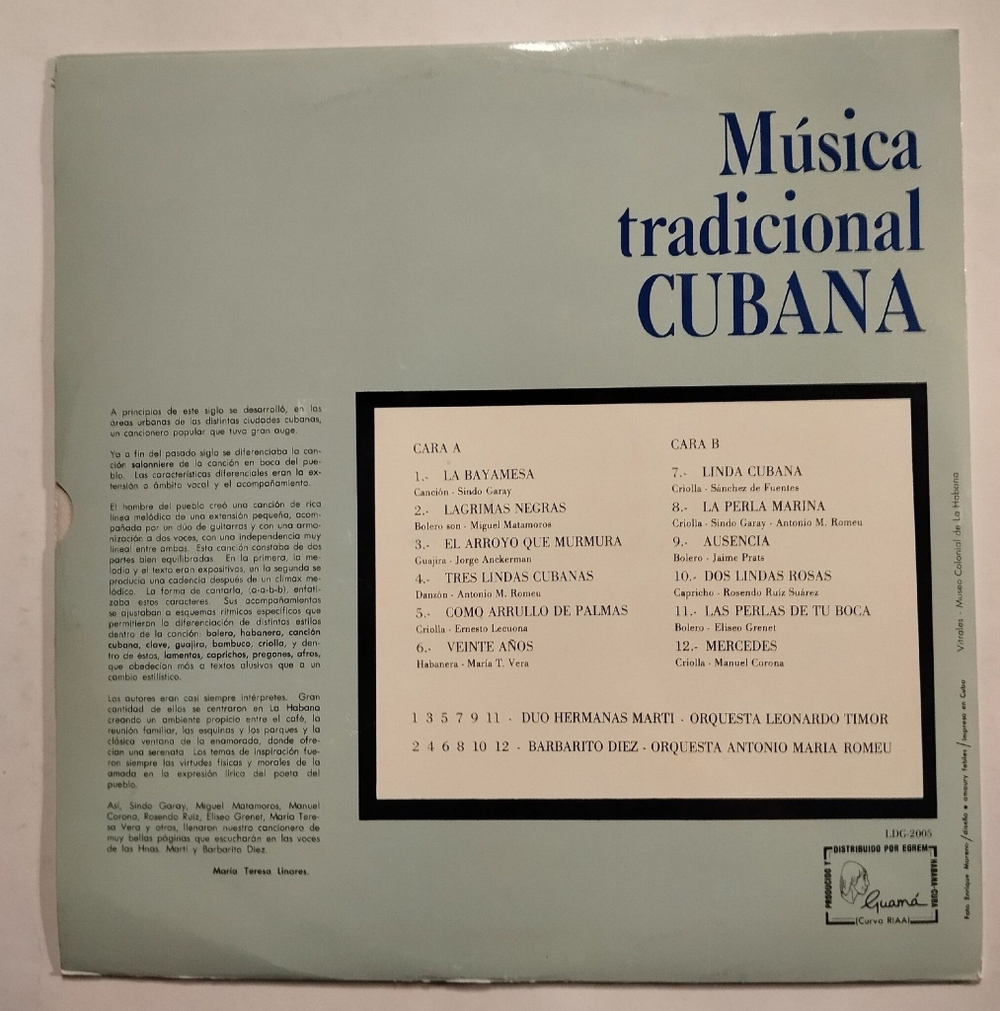 Винтажная виниловая пластинка LP Hnas. Marti, Barbarito Diez, Musica Tradicional Cubana Vol. I (Cuba 1979)