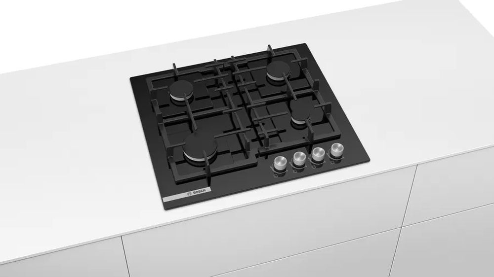 Встраиваемая газовая варочная панель BOSCH PNP6B6O92R Serie 4, независимая, 4 конфорки, 1 конфорка повышенной мощности, черный