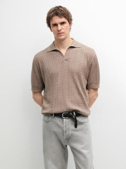 Massimo Dutti Вязаная рубашка-поло с короткими рукавами и узором «косичка», пыльный хаки