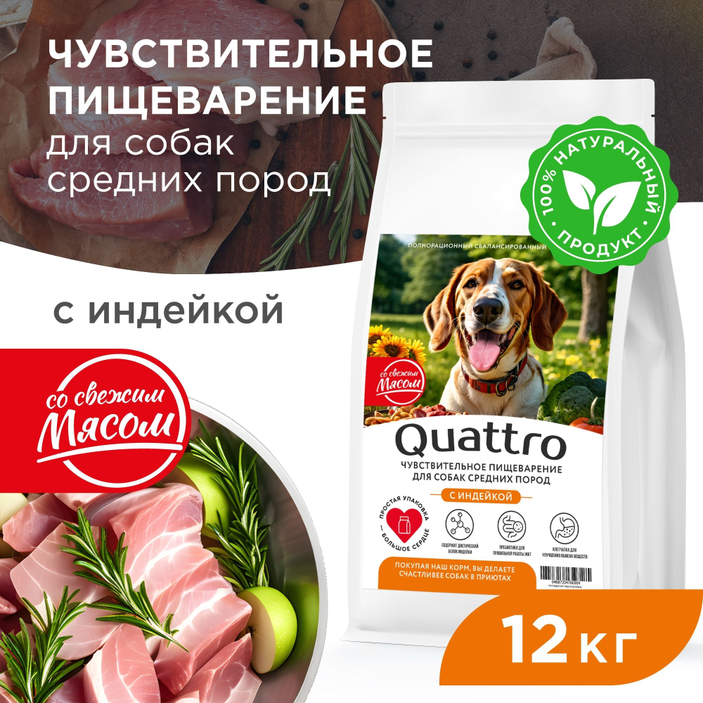 Корм сухой для взрослых собак средних пород, премиум полнорационный комплекс, чувствительное пищеварение, с индейкой, 12 кг, QUATTRO