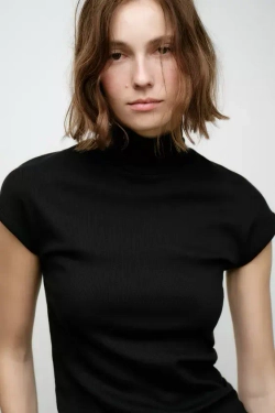 ZARA ТОП В РУБЧИК С ВОРОТНИКОМ-СТОЙКОЙ, ЧЕРНЫЙ