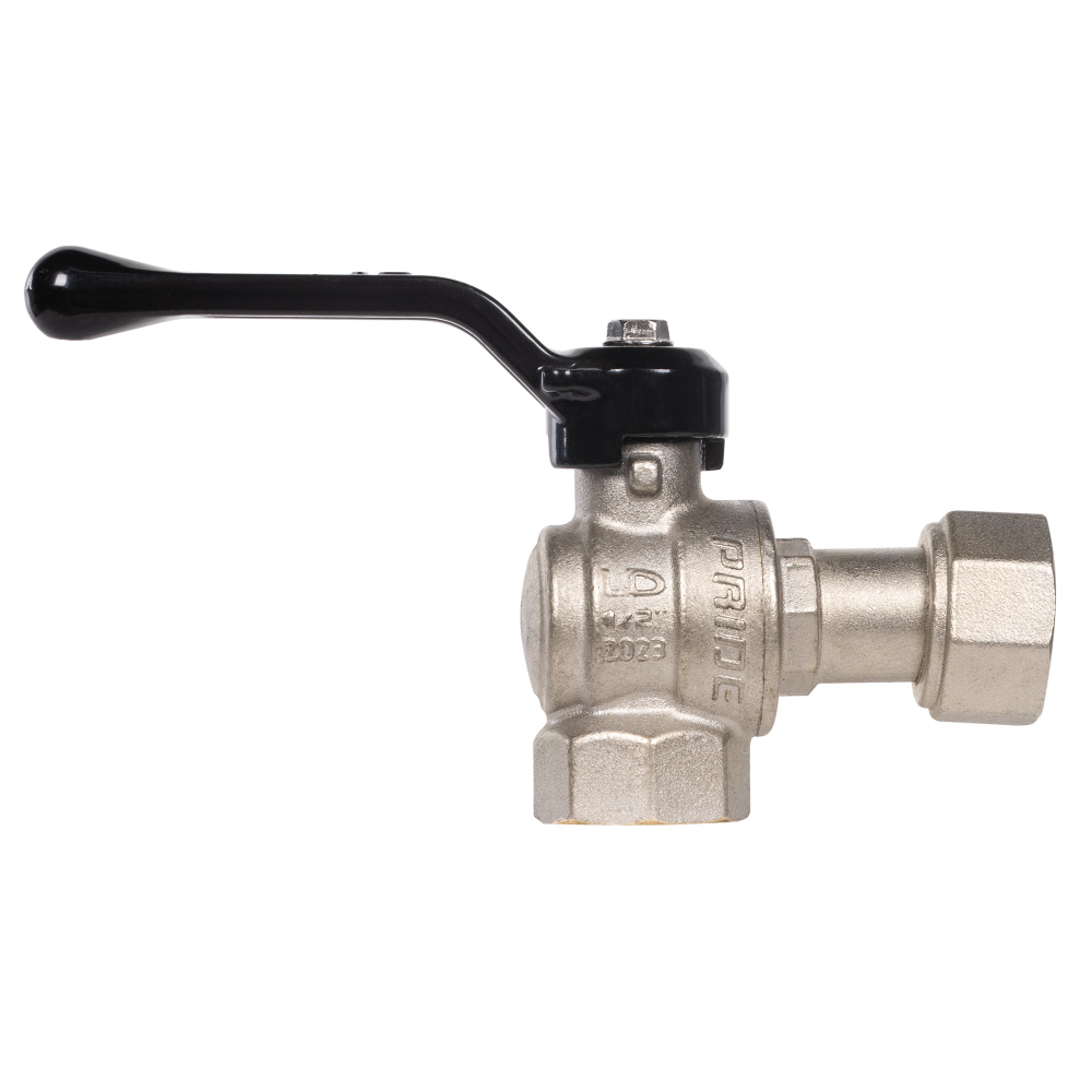 Кран шаровой латунный LD Pride 47.15.В-НкГк.У.Р Ду15 Ру40 угловой, с накидной гайкой (рычаг)