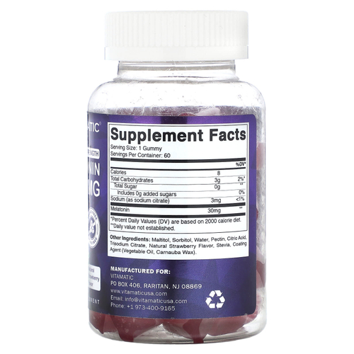 Vitamatic, мелатонин, жевательные таблетки, с натуральным вкусом клубники, 30 мг, 60 жевательных таблеток