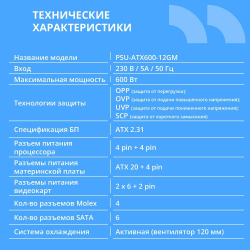 Блок питания Блок питания CBR ATX 600W 80+ Bronze, DC-DC, APFC, 0.6mm, 20+4pin, 1*8-pin(4+4P), 2*6+2pin, 6*SATA, 4*IDE, 12cm fan, 1.5м кабель питания, черный [PSU-ATX600-12GM] BOX
