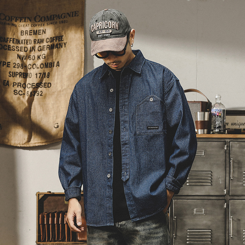 Jerenault 320g полосатая рубашка в полоску для мужчин с длинными рукавами весной и осенью толстая американская повседневная свободная древняя рубашка