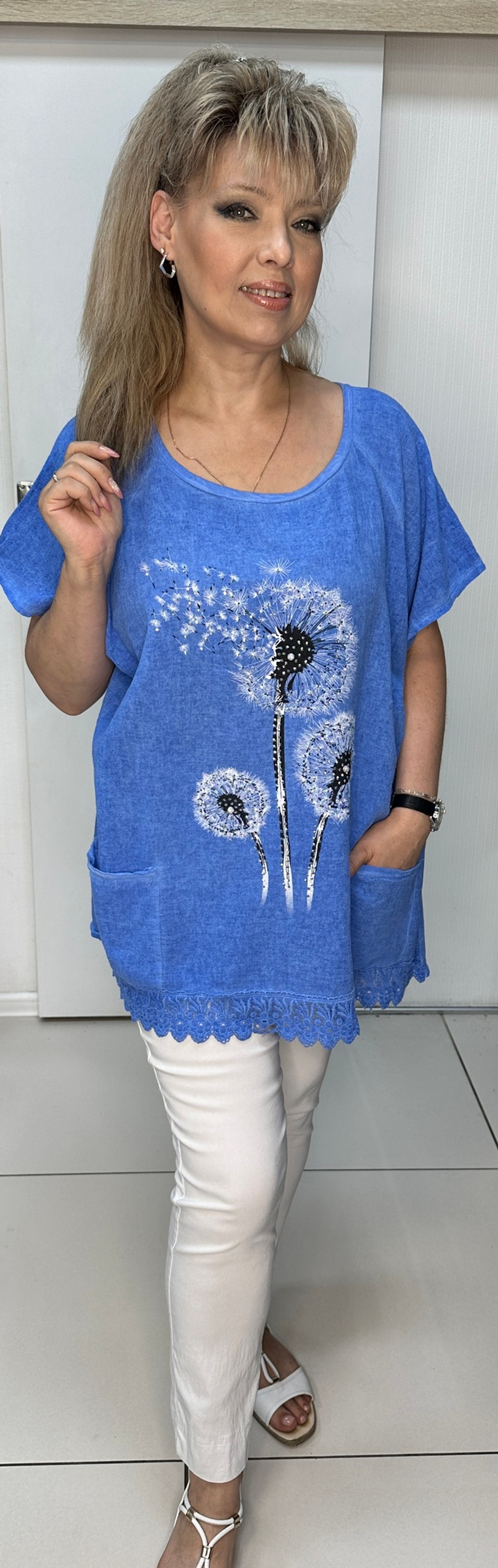 Комбинированная футболка-туника с изображением одуванчиков