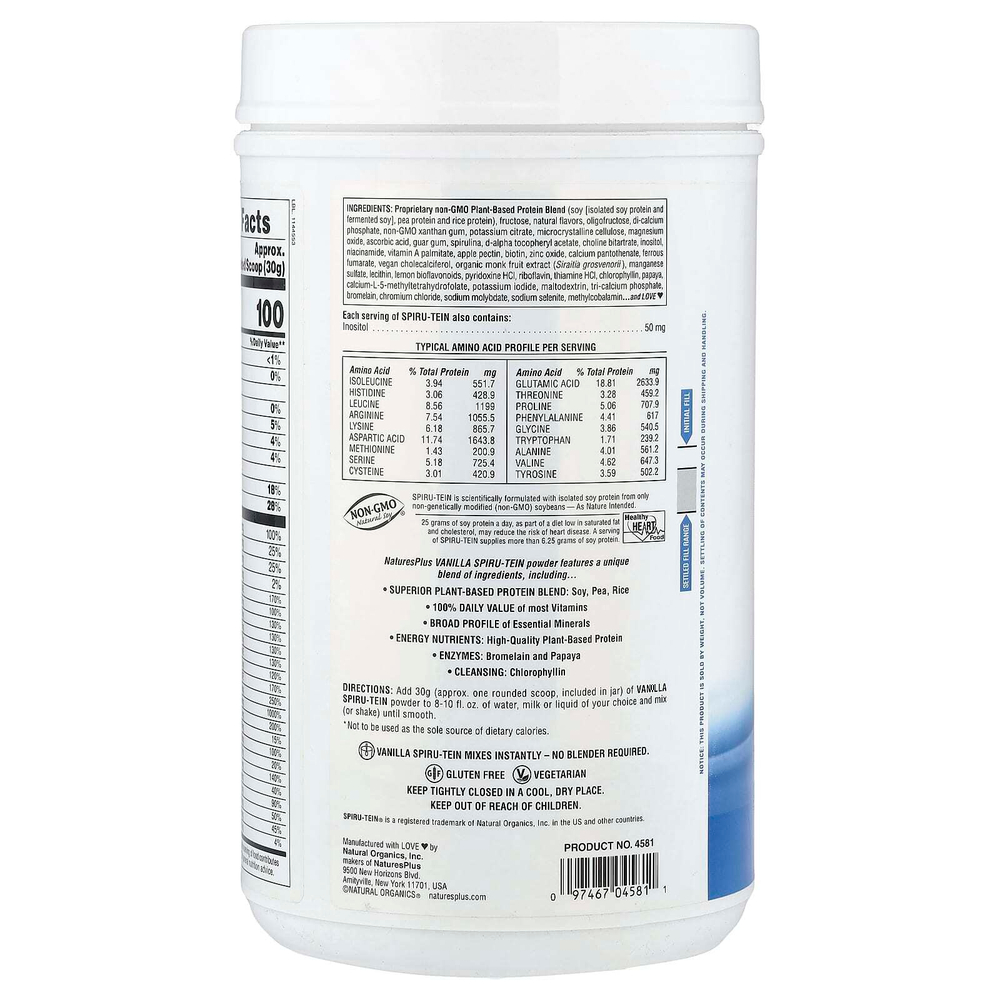 NaturesPlus, Spiru-Tein®, протеиновый порошок, со вкусом ванили, 960 г (2,12 фунта)