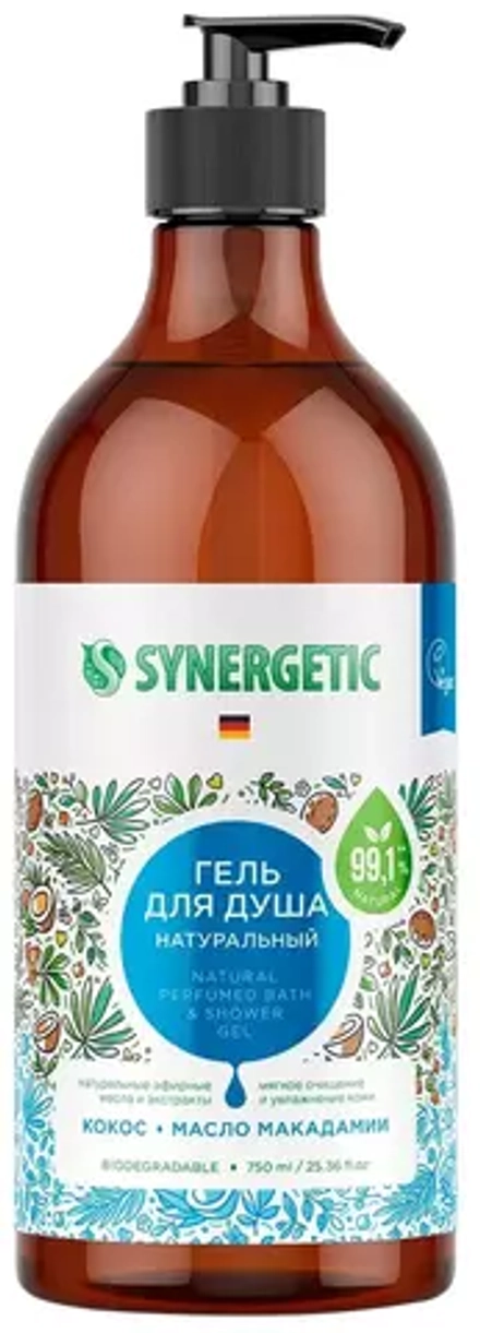 SYNERGETIC Гель для душа Кокос и макадамия женский мужской, 750 мл