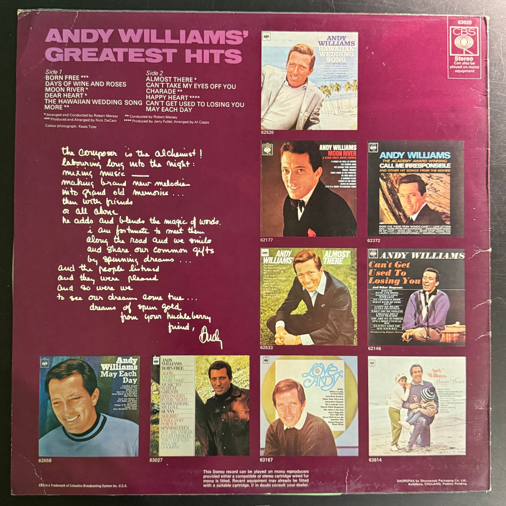 Andy Williams - Andy Williams' Greatest Hits (Англия 1970г.)