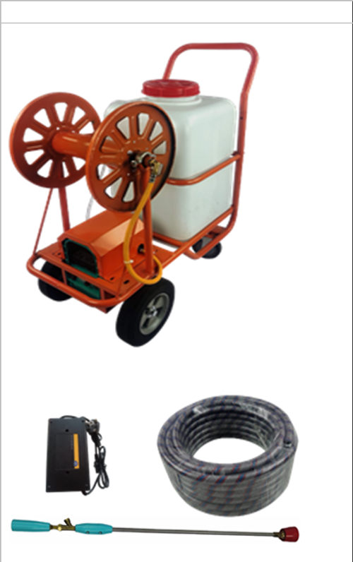 Опрыскиватель электрический с катушкой для нагнетающего шланга, на раме с колесами "Умница" модель ОЭК-60л
