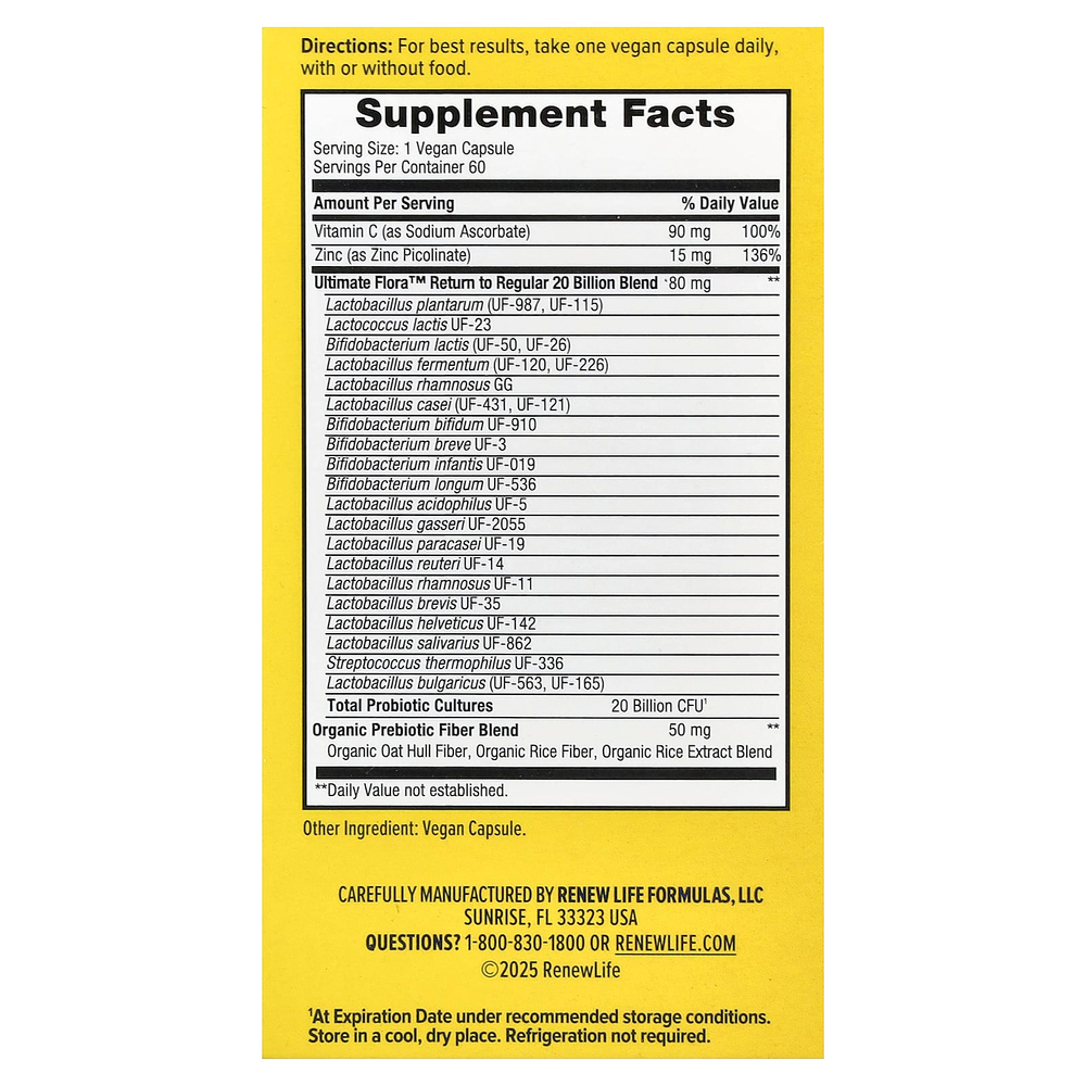 Renew Life, Ultimate Flora™, возврат пробиотиков в рацион, 60 веганских капсул