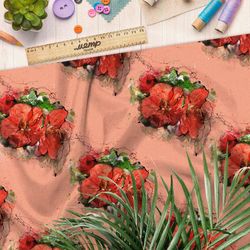 Ткань муслин красные цветы на оранжевом фоне