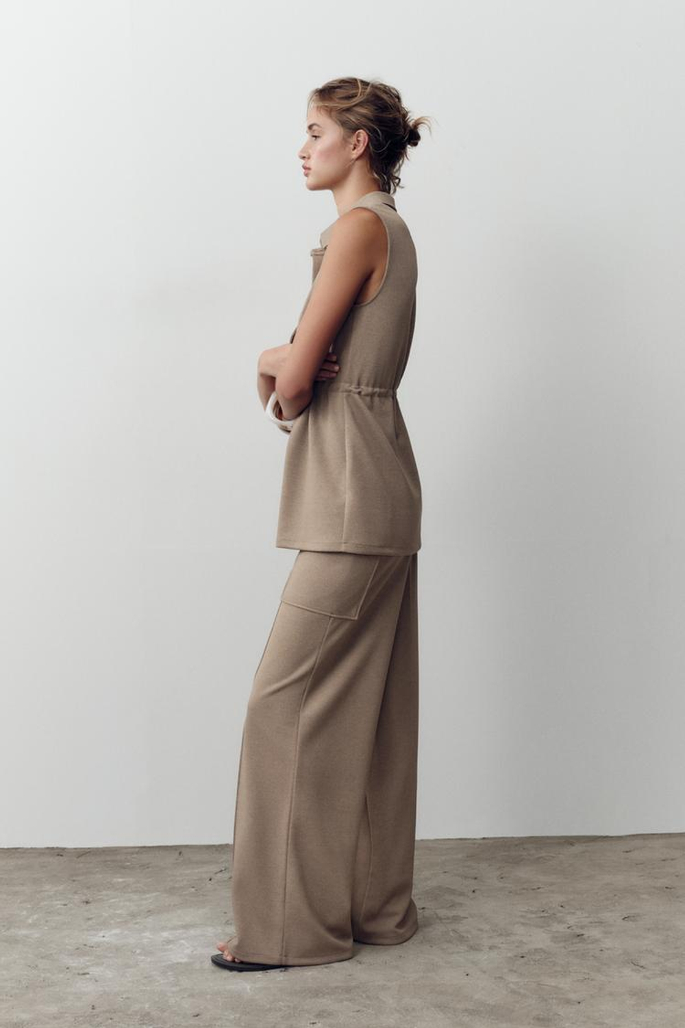 ZARA ЖИЛЕТ ИЗ ТВИЛА С ПУГОВИЦАМИ, БЕЖЕВЫЙ