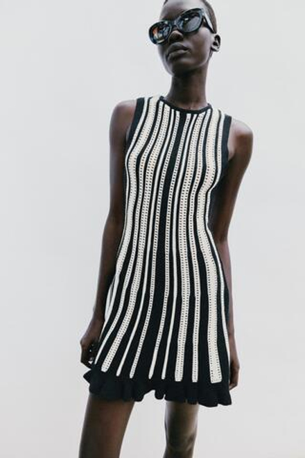 ZARA КОРОТКОЕ ТРИКОТАЖНОЕ ПЛАТЬЕ В ПОЛОСКУ, БЕЛЫЙ/ЧЕРНЫЙ
