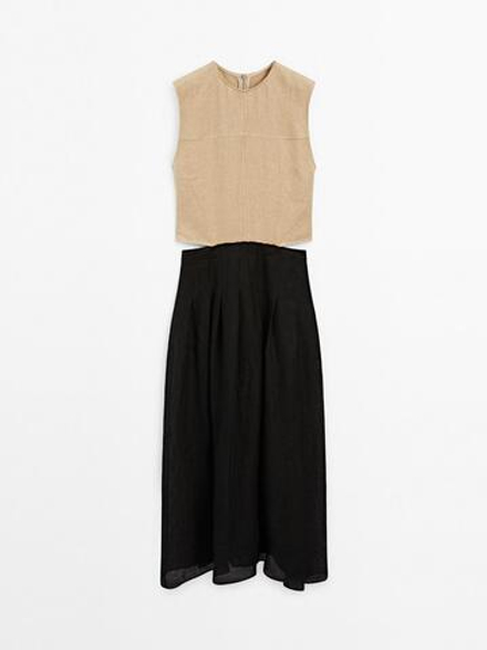 Massimo Dutti Длинное комбинированное платье с боковыми разрезами, черный