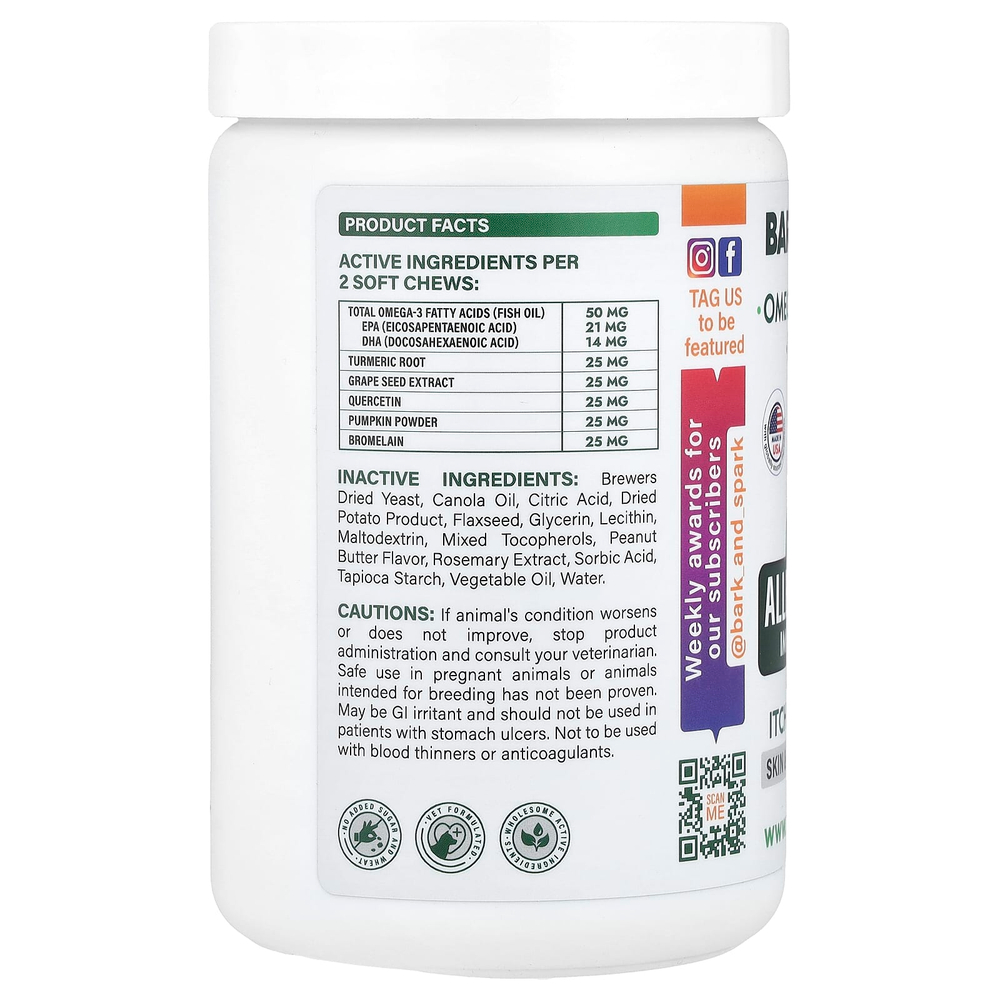 Bark&Spark, Allergy Relief, Immune, жевательные таблетки, для снятия зуда, для собак, арахисовое масло, 180 жевательных таблеток, 396 г (13,9 унции)