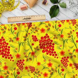 Ткань шелк Армани хохломские мотивы на желтом