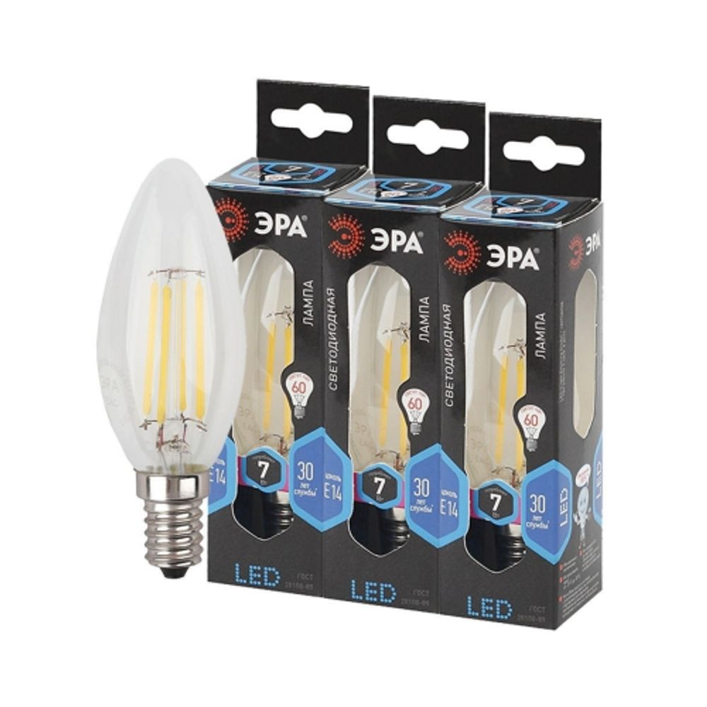 Лампа светодиодная ЭРА F-LED B35-7W-840-E14 7Вт филамент свеча нейтральный белый свет Е14 | Филаментные декоративные