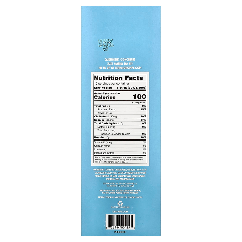 Chomps, Beef Sticks, Mild, Sea Salt, 10 Pack, 1.15 oz (32 g) Each