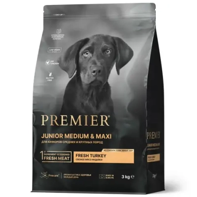 Premier dog turkey junior medium & maxi сухой корм для юниоров средних и крупных пород, свежее мясо индейки - 3 кг