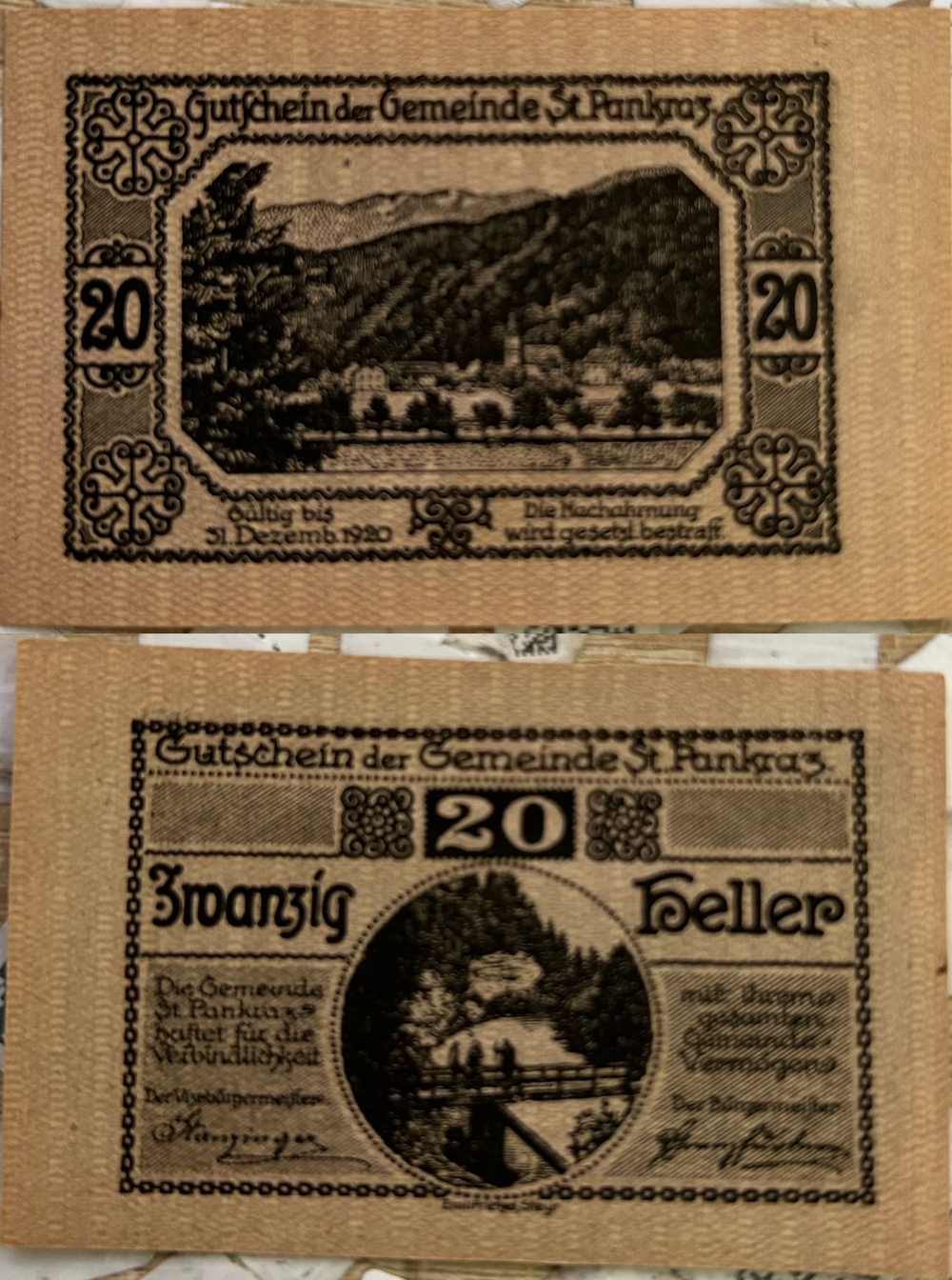 Австрия 20 геллеров 1920 Санкт-Панкрац aUNC