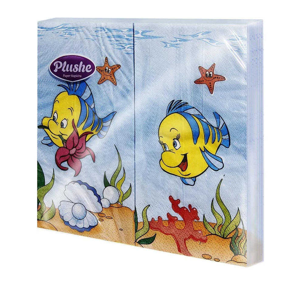 Салфетки бумажные Plushe Дуэт Рыбки детские, 2 слойные, 33*33 см, 22 штуки