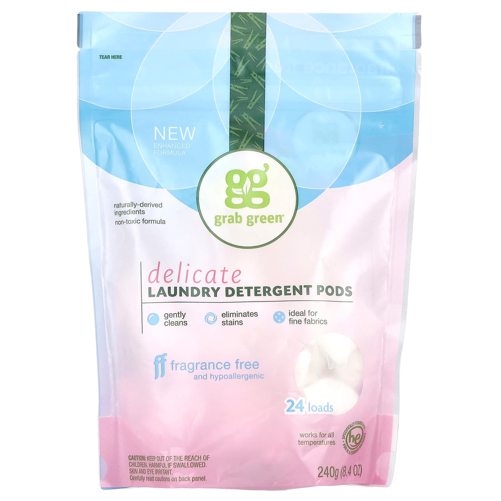 Grab Green, Капсулы для стирки, деликатное, без отдушек, 24 порции, 240 г (8,4 унции)