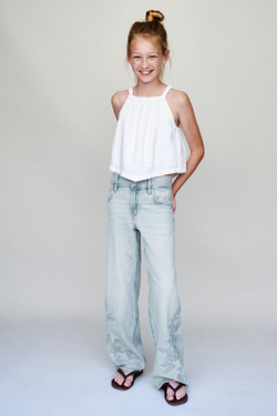 ZARA ДЖИНСЫ WIDE LEG С ВЫШИВКОЙ И СТРАЗАМИ, СИНИЙ