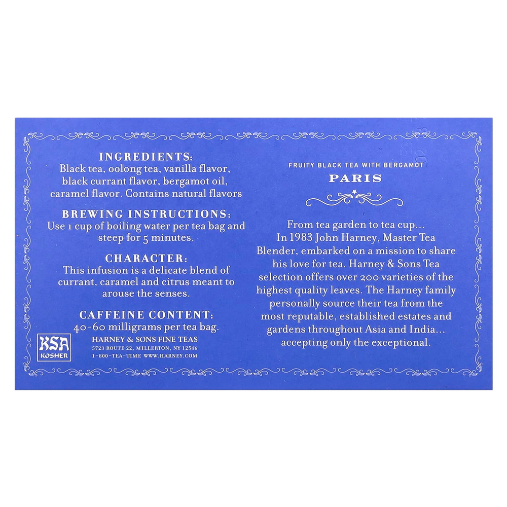 Harney & Sons, Фруктовый черный чай с бергамотом, Париж, 50 чайных пакетиков, 90 г (3,17 унции)