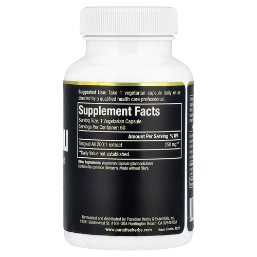 Paradise Herbs, Тонгкат Али, 60 капсул (250 мг в каждой капсуле)
