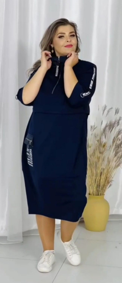 Платье женское спортивное широкое молодёжное трикотажное свободное большой размер батал 54 обманка нарядное зимнее весеннее осеннее демисезонное повседневное на работу комфортное удобное 3/4 рукав великан синее до колена короткое 4XL 3XL