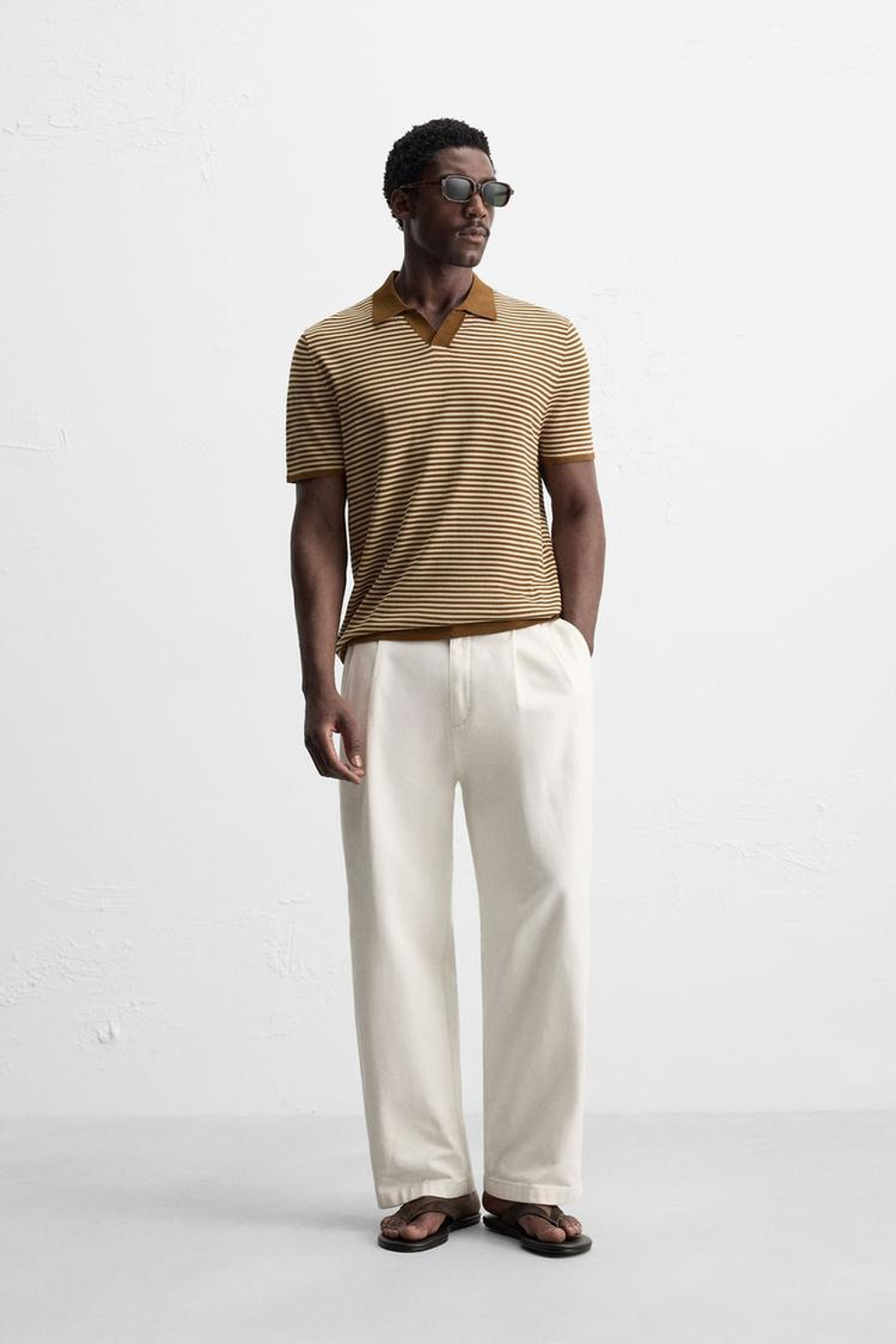 ZARA ТРИКОТАЖНОЕ ПОЛО В ПОЛОСКУ, КАРАМЕЛЬНЫЙ