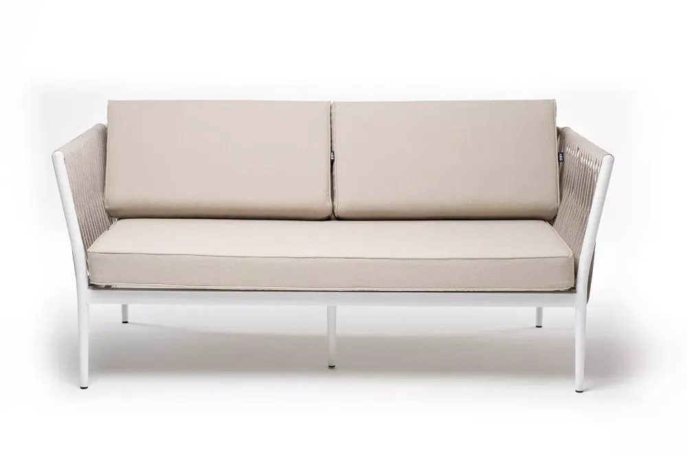 "Касабланка" диван 2-местный плетеный из роупа, каркас алюминий белый муар, роуп бежевый 20мм, ткань бежевая 035