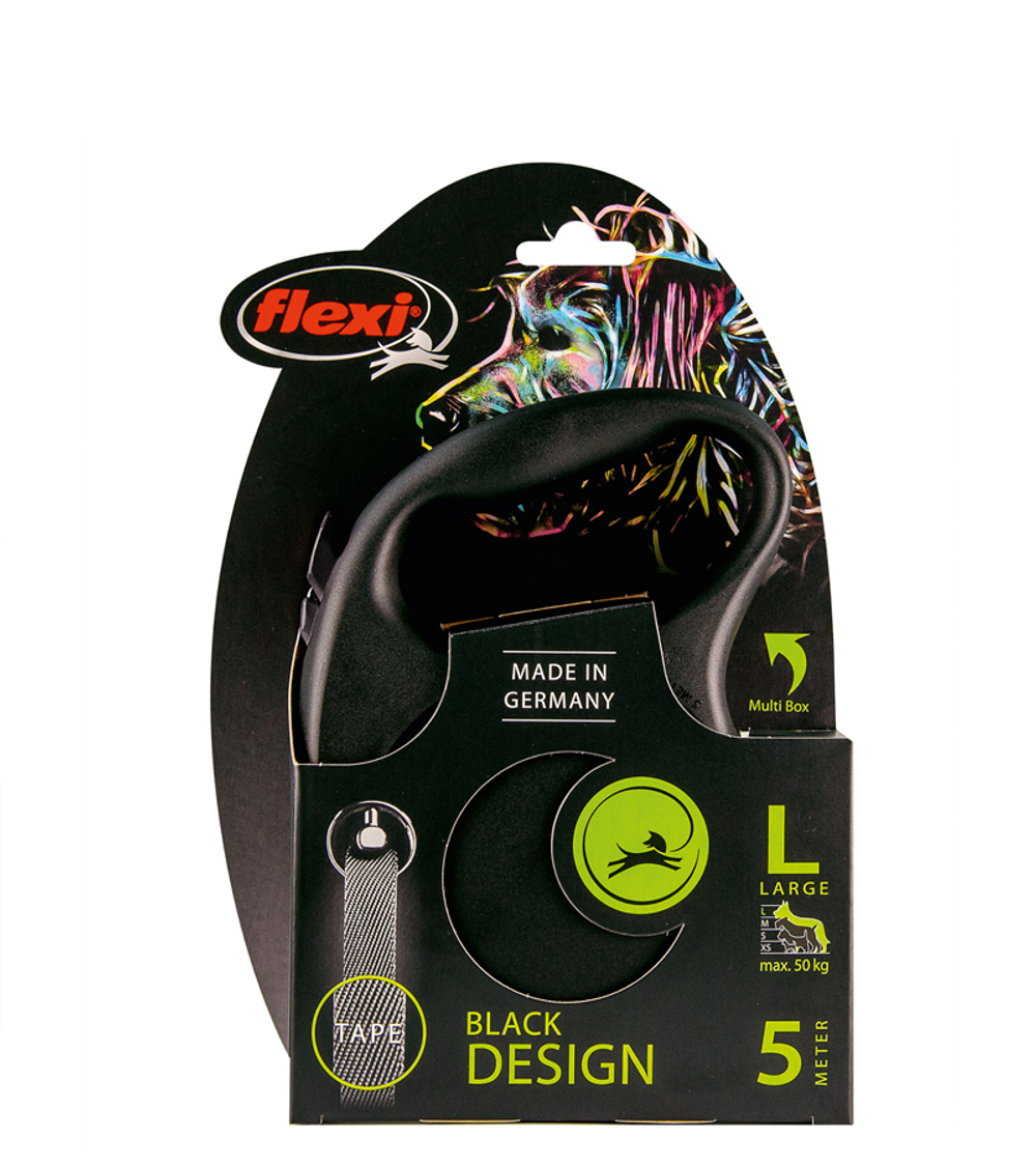Поводок-рулетка Флекси Black Design L (до 50кг) 5м., лента. черный/серебро
