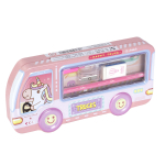 Пенал металлический машина, 2 отделения, Alingar, линейка 15 см, 1 ч/г карандаш, 1 точилка, 1 ластик, 1 маркер, 95 х 210 мм, "Единорог за рулем", розовый, европодвес