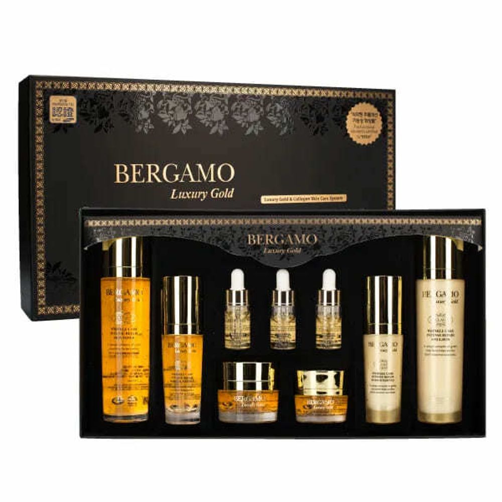 Набор для ухода за лицом Bergamo Luxury Gold and Collagen 9 Set с экстрактом икры (тонер, эссенция дневная, эссенция ночная, крем для век, крем для лица, эмульсия, сыворотка)