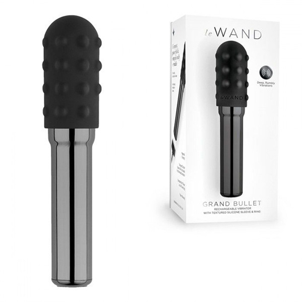 Чёрный жезловый вибратор 12,4см с двумя нежными насадками Le Wand Grand Bullet LW-013-BLK