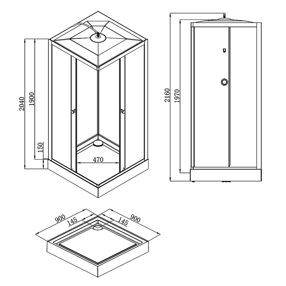 Душевая кабина Loranto NEO 90x90x(190+15) с низким поддоном 15см, прозрачное закаленное стекло 5 мм, задние стеклянные стенки белые, профиль черный-матовый (CS-22110)