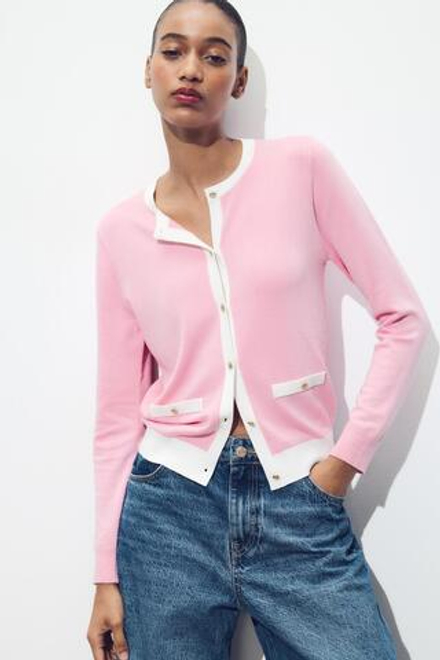 ZARA КАРДИГАН С КОНТРАСТНЫМИ КРОМКАМИ, РОЗОВЫЙ/БЕЛЫЙ