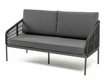 "Канны" диван 2-местный плетеный из роупа, каркас алюминий темно-серый (RAL7024) муар, роуп темно-серый круглый, ткань темно-серая 027