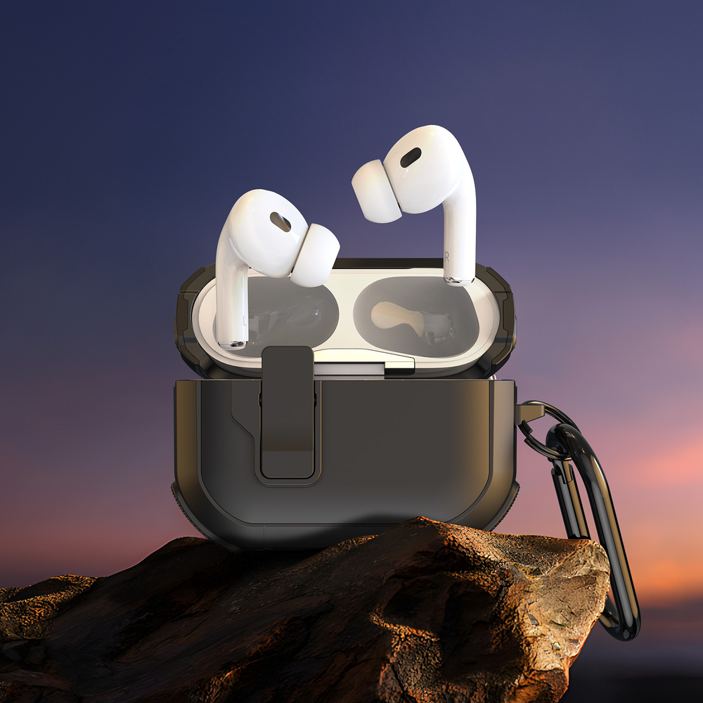 Усиленный чехол черного цвета от Dux Ducis для наушников AirPods 4, серия PECP Series Case, в комплекте с карабином