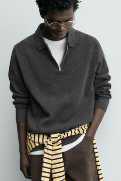 ZARA ТРИКОТАЖНОЕ ПОЛО НА МОЛНИИ, СЕРЫЙ МЕЛАНЖ