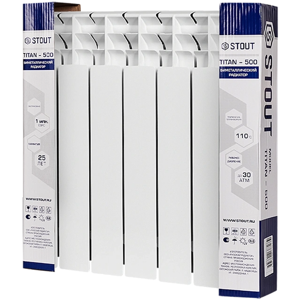 Радиатор биметаллический STOUT TITAN 500 - 6 секций (подключение боковое, цвет белый)