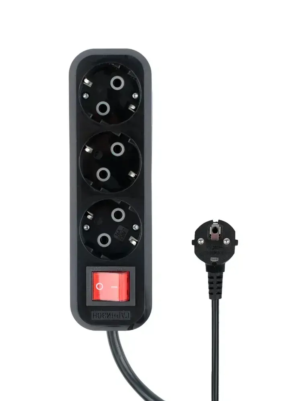 Сетевой фильтр Гарнизон с базовой защитой с заземлением с выключателем 3 розетки, 16А, 7 метров черный EPB-G3-16-B-7