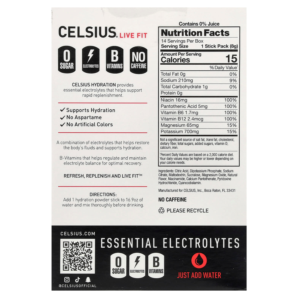 Celsius, Live Fit, увлажнение, незаменимые электролиты, без кофеина, фруктовый пунш, 14 порошковых стиков для увлажнения, 7,76 г (0,27 унции)