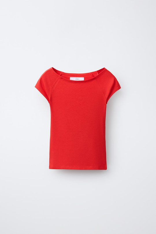 ZARA ОДНОТОННАЯ ФУТБОЛКА ИЗ МОДАЛА, КРАСНЫЙ