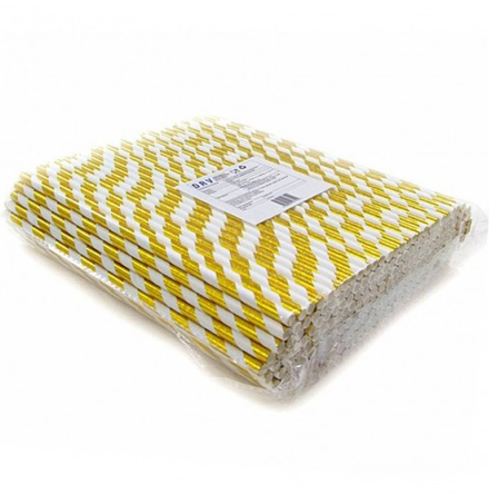 Трубочки бумажные одноразовые 6*200мм бело-золотая полоска Complement 250шт/упак