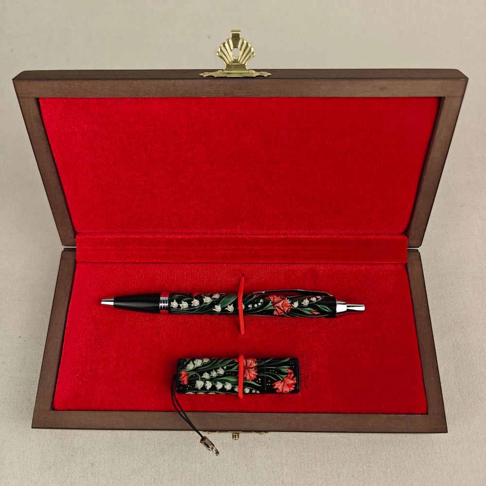 Набор "Ландыши и гвоздики" флешка и ручка Parker с ручной росписью Палех в футляре