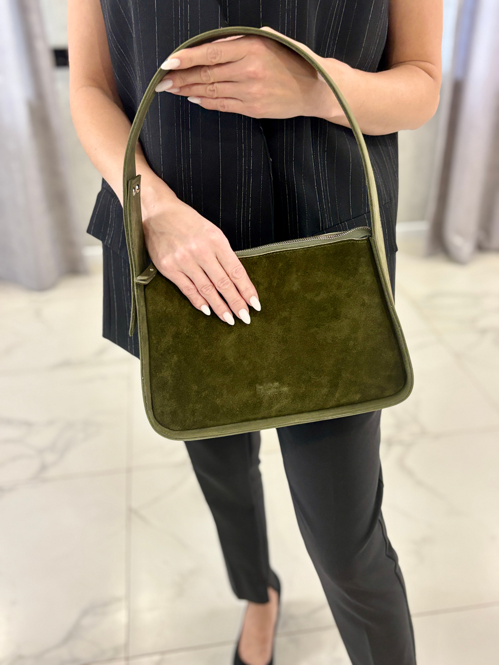 Louis Lefevre Сумка женская натуральная кожа замша через плечо багет зеленая