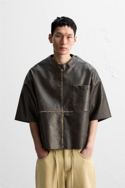 ZARA КУРТКА-РУБАШКА ИЗ ИСКУССТВЕННОЙ КОЖИ С ЭФФЕКТОМ ПОТЕРТОСТИ, КОРИЧНЕВЫЙ